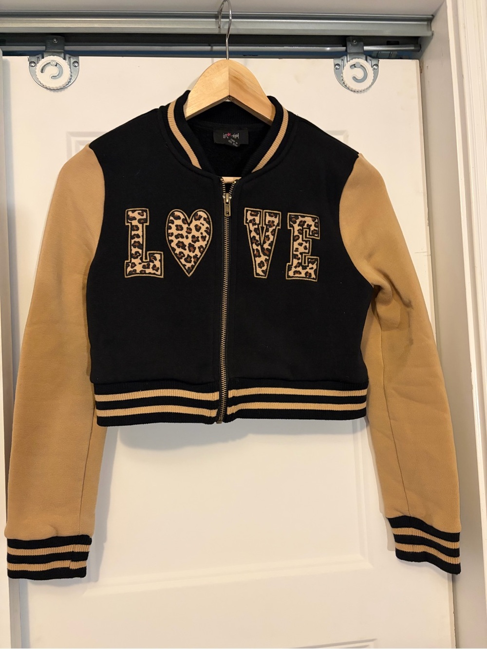 Kids' LOVE Leopard Patch Bomber Jacket - Black & Tan